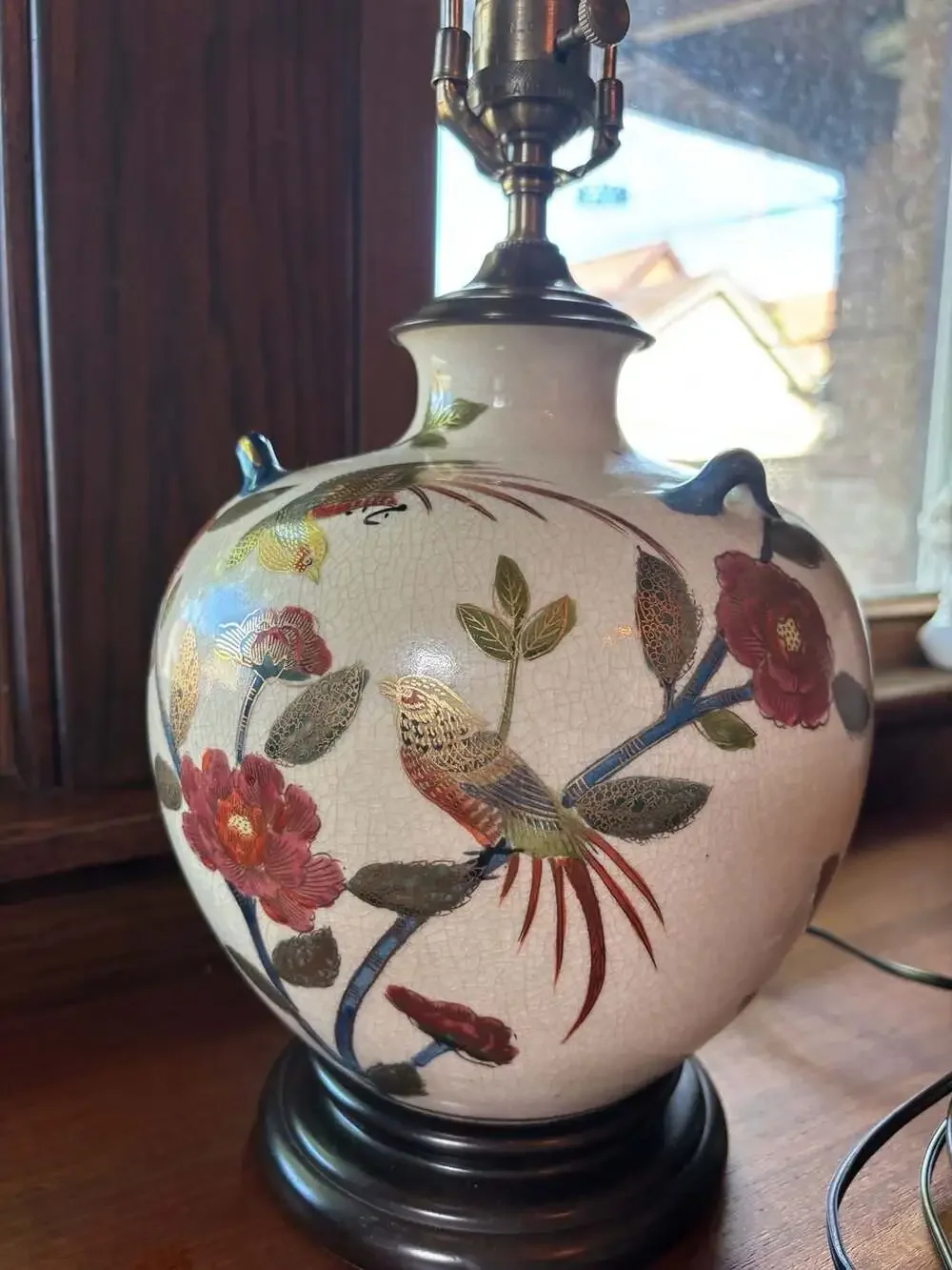Vintage Chinoiserie Crackle Glaze Ceramic Bird And Floral Table Lamp